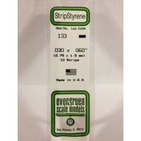 Evergreen 133 White Polystyrene Strip 0.030 x 0.060 x 14" / 0.76mm x 1.5mm x 36cm (10) - EVE-00133