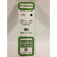 Evergreen 175 White Polystyrene Strip 0.100 x 0.100 x 14" / 2.5mm x 2.5mm x 36cm (8) - EVE-00175