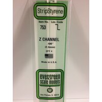 Evergreen White Polystyrene Z Channel .100 x .050 x 14" / 2.5mm x 1.3mm x 36cm (4)
