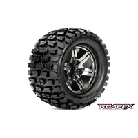 TRACKER 1/10 MONSTER TRUCK TIRE CHROME BLACK WHEEL WITH 1/2 OFFSET 12MM HEX MOUNTED - R3002-CB2